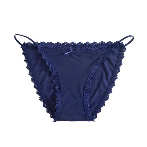 Women Sexy Ice Silk Lace Trim Strap Breathable Thin Panty Briefs-Navy Blue