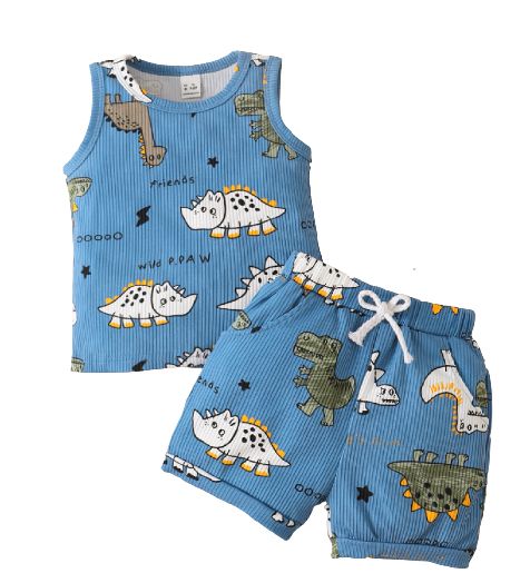 0-3Years Baby Boy Dinosaur Blue Sleeveless Shirt+Shorts