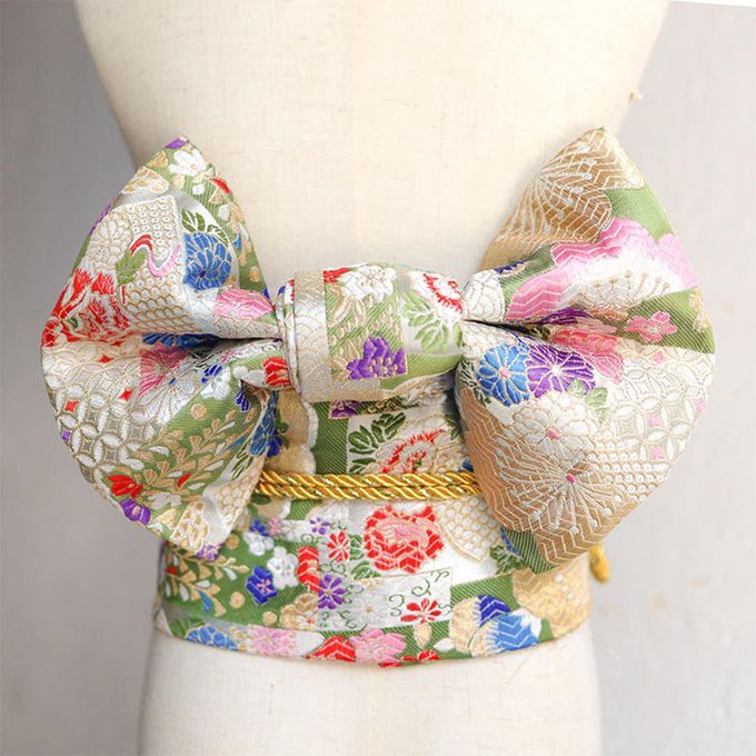Women Japanese Belt Pre-Tied Bow Kimono Robe Obi Yukata Green Kids