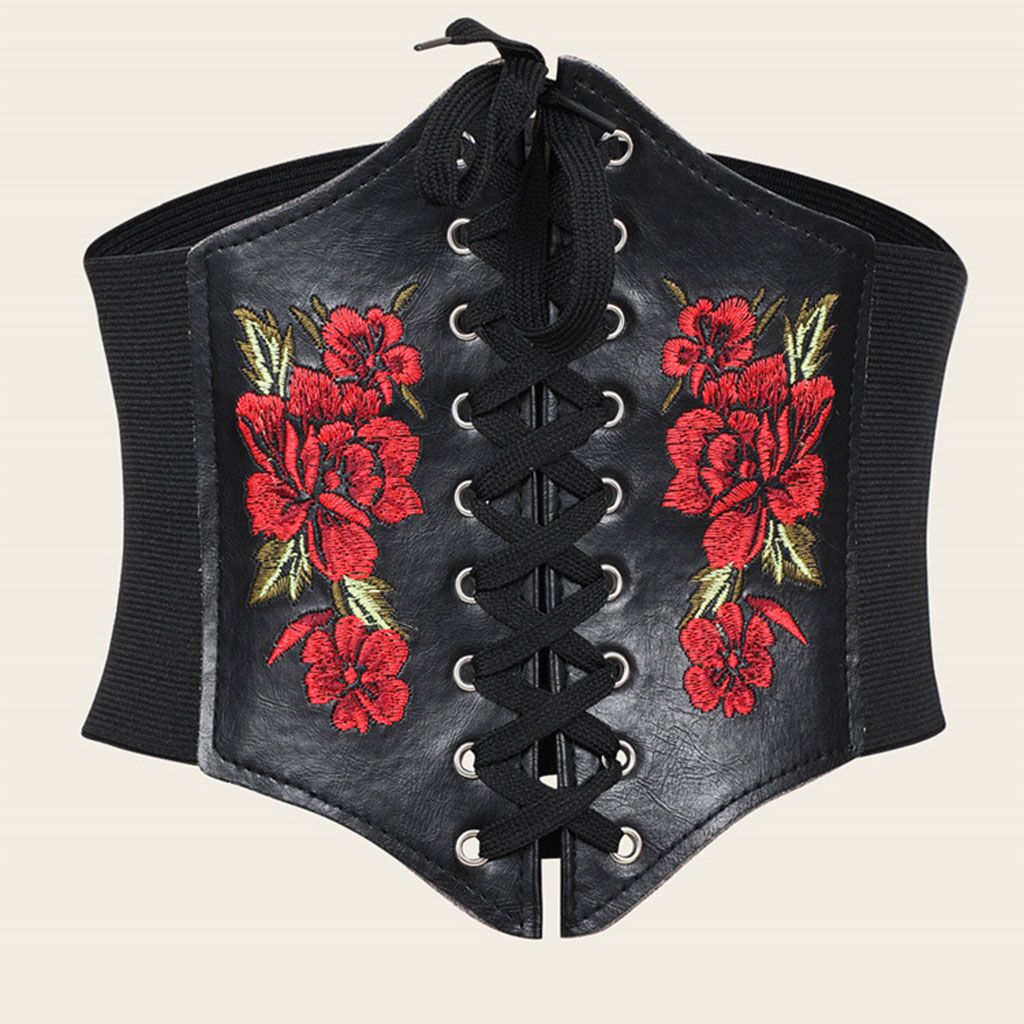 Women Wide Elastic Waist Belt Lace-Up Tied Waspie Belts Corset PU