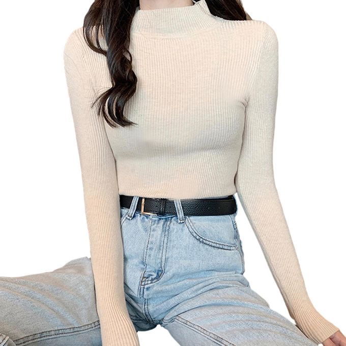 Lady Knitted Sweater Basic Pullover Slim Sweater Jumper For Apricot