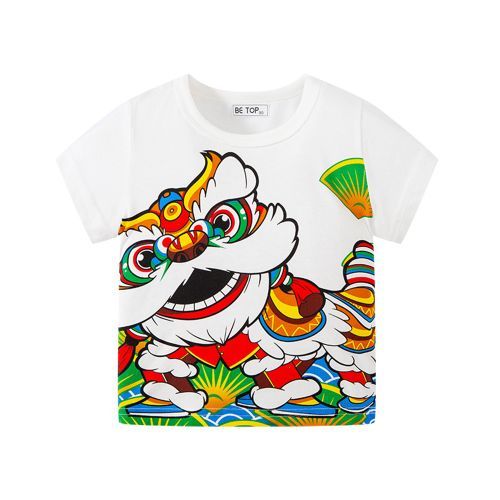 Chinese Style Waking Lion Lucky Printing Short-sleeved T-shirt Kids' Top