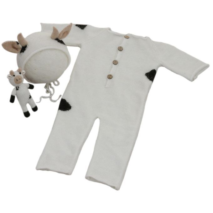 Baby Jumpsuit Knitted Cotton Cute Cow For Halloween Birthday White