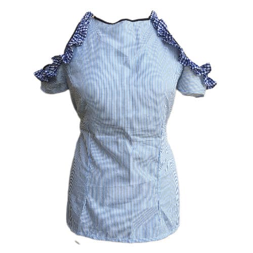 Shopadaa - Ladies Short Sleeve  - Stripe Cold Shoulder - Ruffle Top - Blue And White