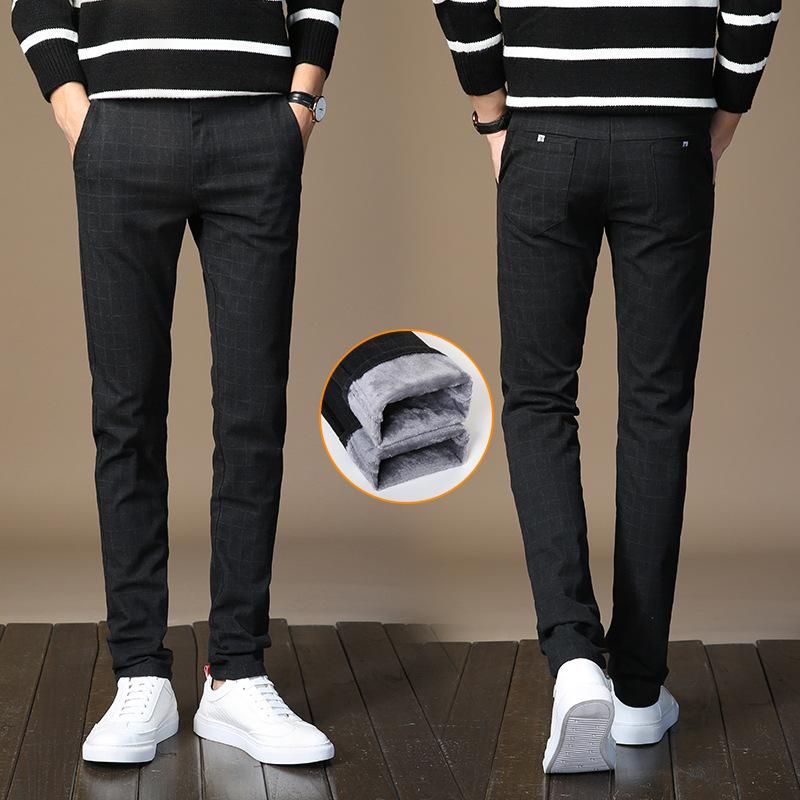 Classic elastic woolen wool trousers warm cotton thick collections solids with zipper for winter and autumn