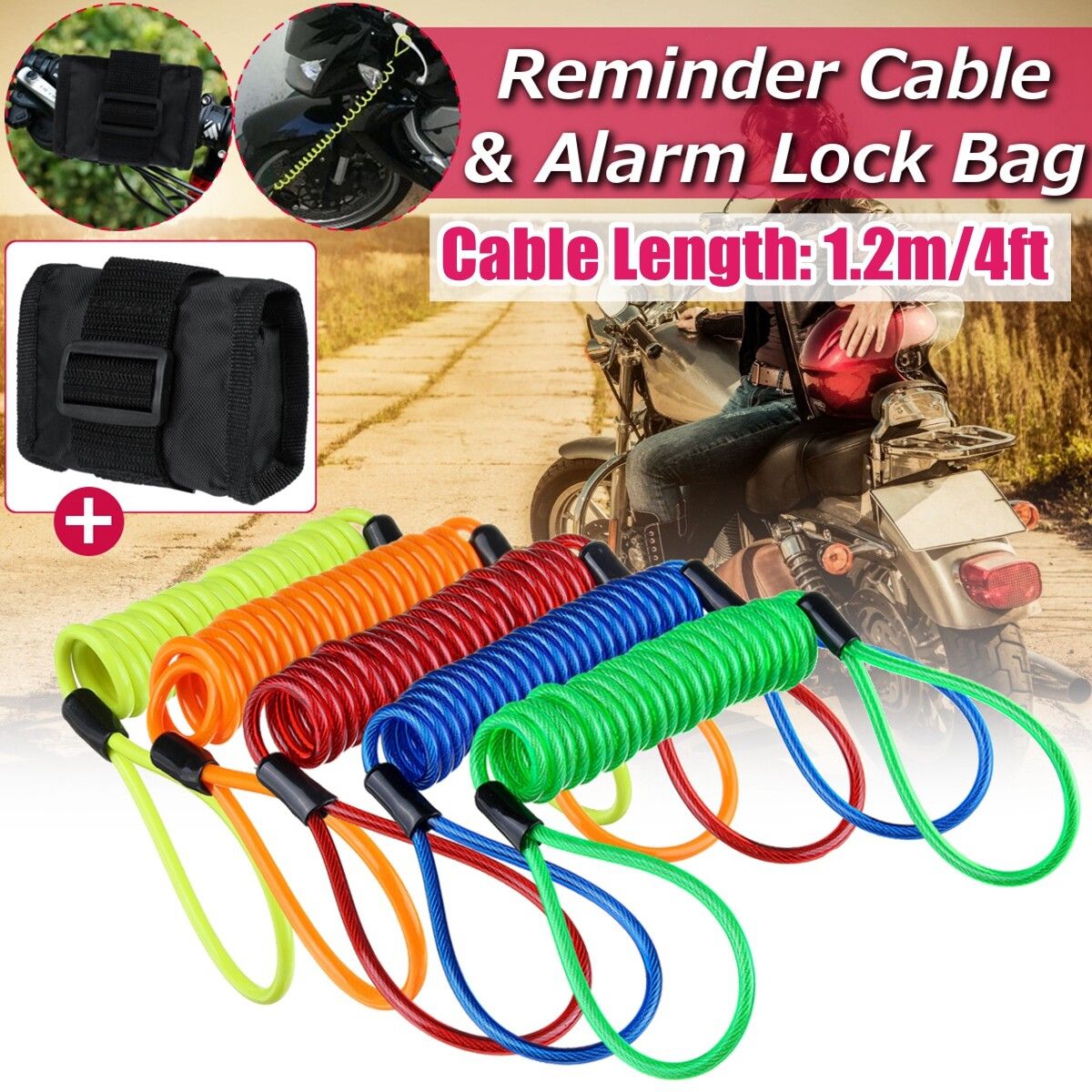 1.2m/4ft Reminder Cable + Alarm Lock Bag For Motorcycle Motorbike 5 Green