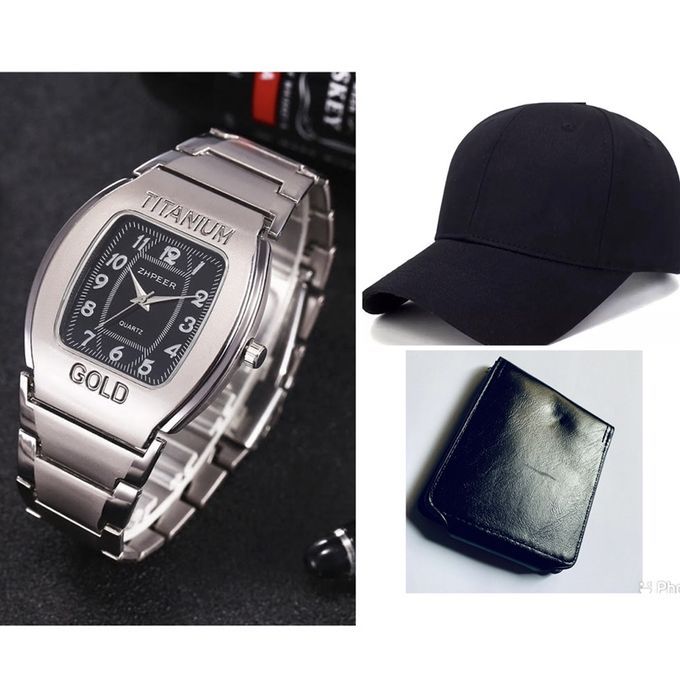 Quartz Men's Wristwatch + Wallet + Face Cap For Men