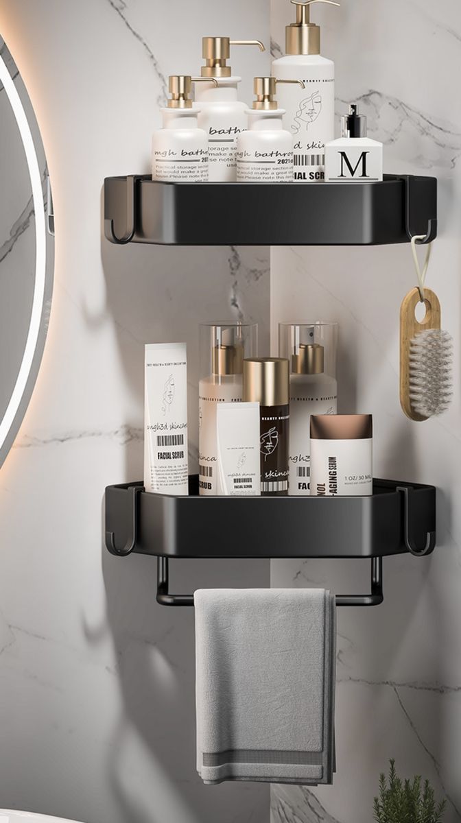 Double Layer Wall Mounted Storage Shelf Rack Bathroom +Hooks