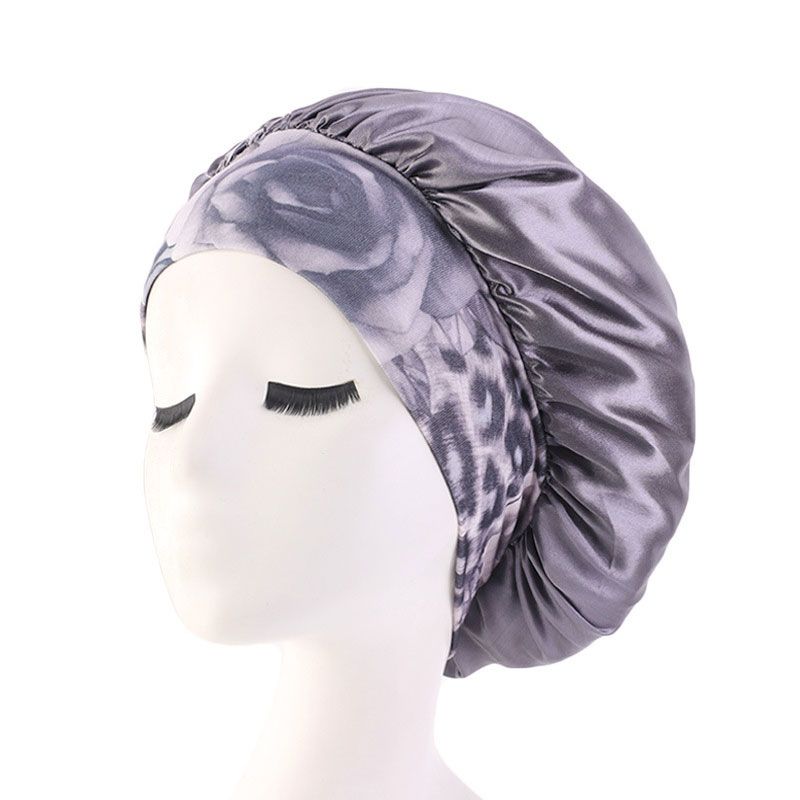 Women Satin Night Sleep Cap Hair Bonnet Hat Silk Head Cover Elastic-grey