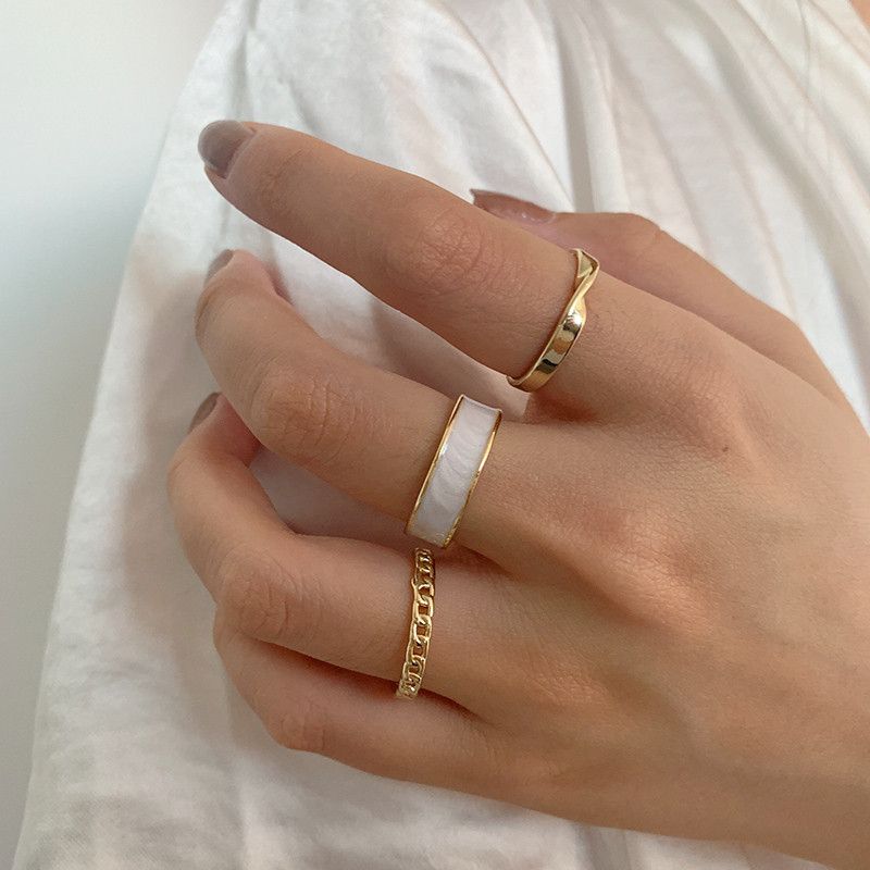3pcs White Enamel Round Metal Adjustable Gold Ring Set