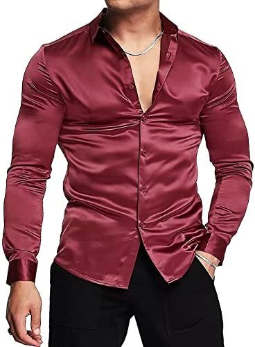 Men Wine Red Button Down Long Sleeve Shirt For Business Corporate Casual Outings