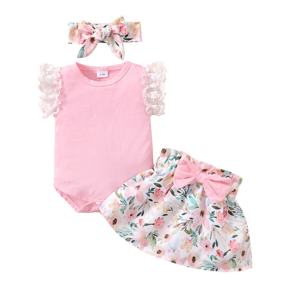 Newborn Baby Girl 3PCS Clothes Set Lace Ruffle Bodysuit Floral Shorts Headwear