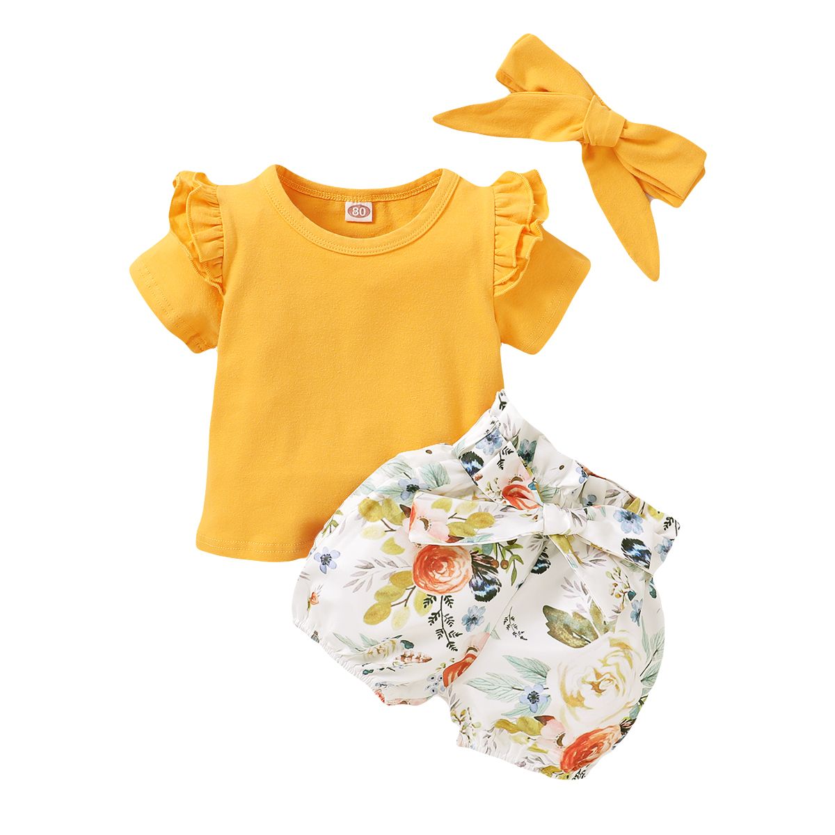 Baby Girls Outfit Short Sleeve Yellow Shirt + Floral Print Shorts + Headband