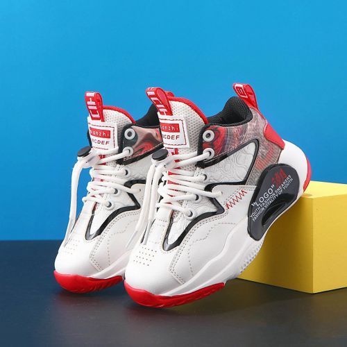 Boys' Casual Running Children's Sports Basketball Thick Bottom Mid Shoes White