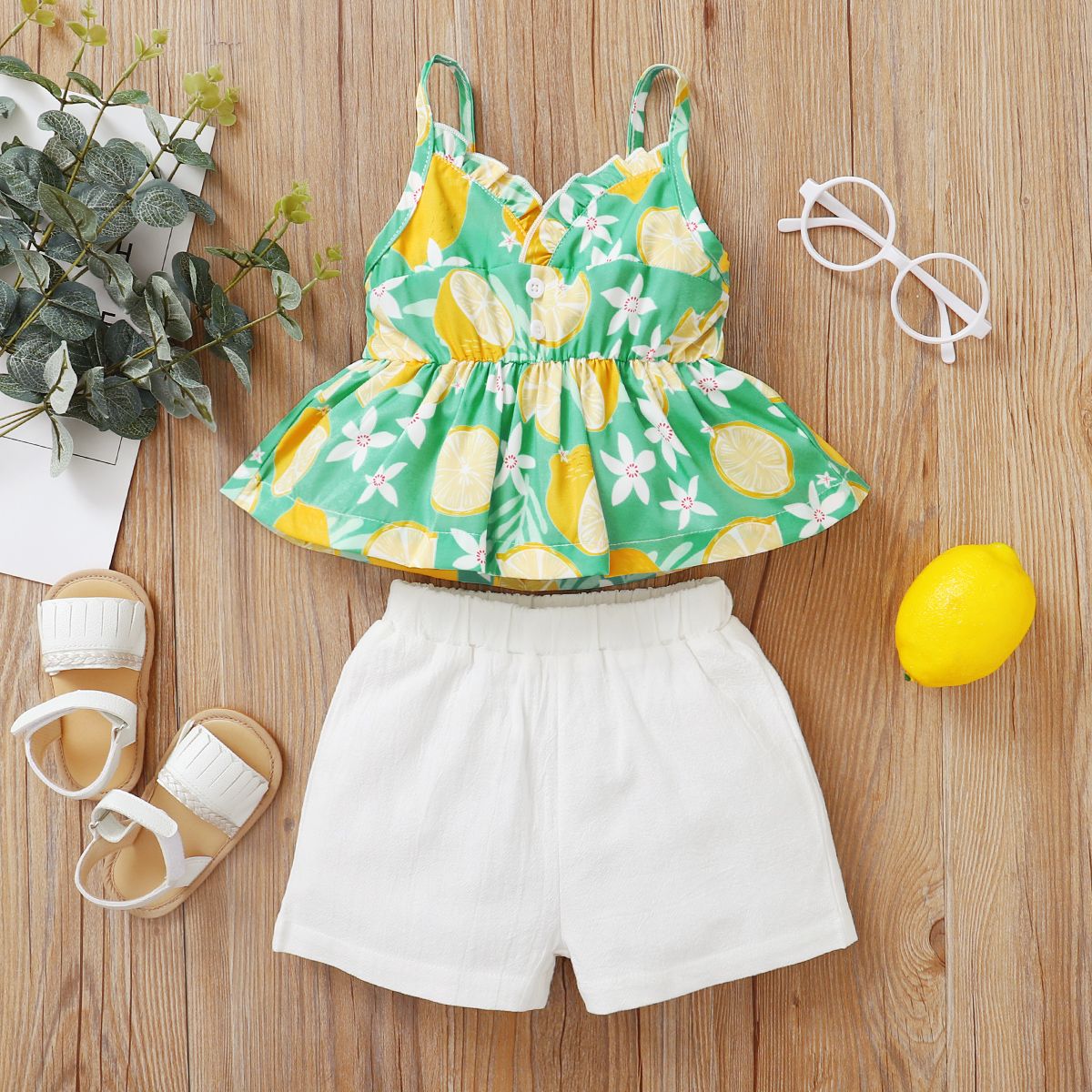 0-2Y Baby Girls Summer Outfit Set Leomon Print Sling Tops White Short Pants