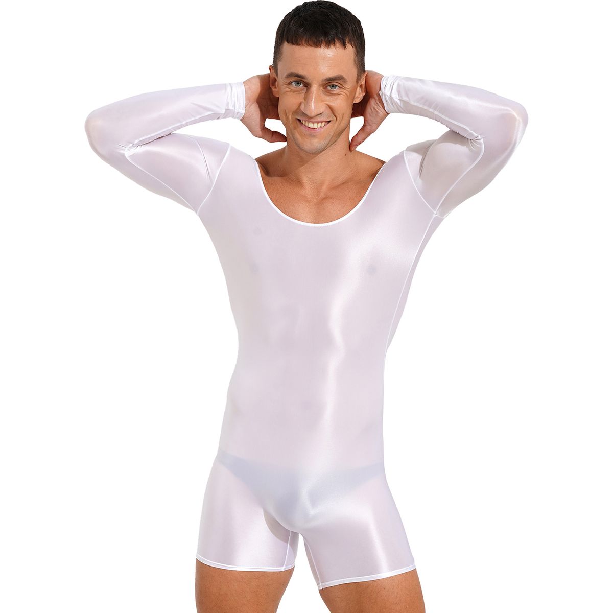 Mens Oilossy Mankini Swimsuit Stretchy Long Sleeve Round Neck Bodysuit One