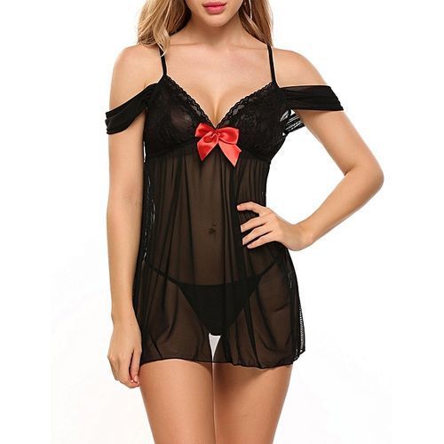 Women Sexy Strap V-neck Babydoll Lingerie Dress Back Split Mini Nightwear ( Black )