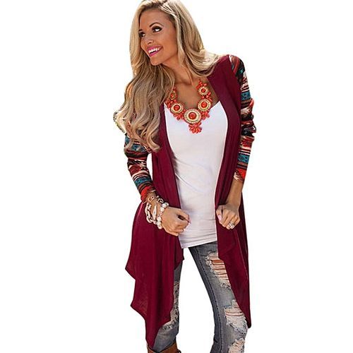 Women Long Sleeve Cardigan Geometric Knitting Patchwork Front Open Asymmetric Hem Slim Outwear-Wine Red