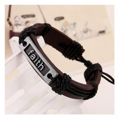 Unisex Faith Adjustable Leather Bracelet Brown Wrist Cuff