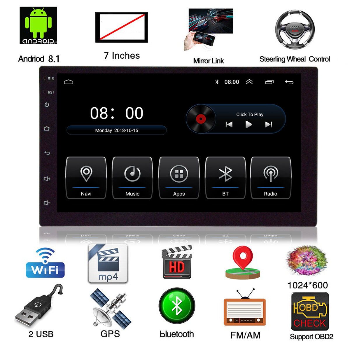 7 Inch 1 Din For Android 8.1 Car MP5 Player Radio Stereo 4 Core GPS Touch Screen Wifi Adjustable Rotation