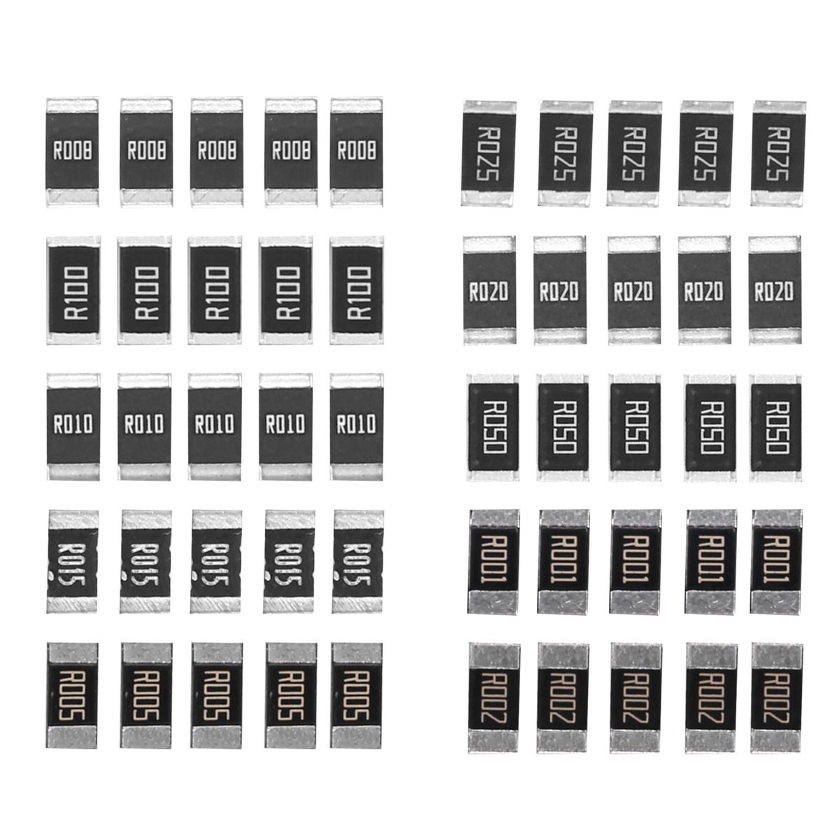 50Pcs Alloy Resistance 2512 SMD Resistor Samples Kit,10 Kindsx5pcs=50pcs R001 R002 R005 R008 R010 R015 R020 R025 R050 R100