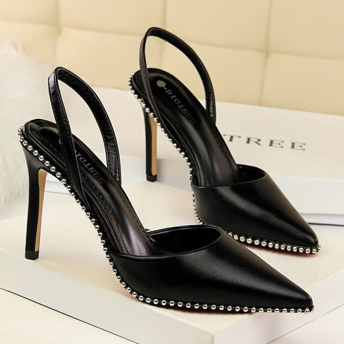 Ladies Heels Rock Metal Bead Rivet Rim Sexy Sandals Black