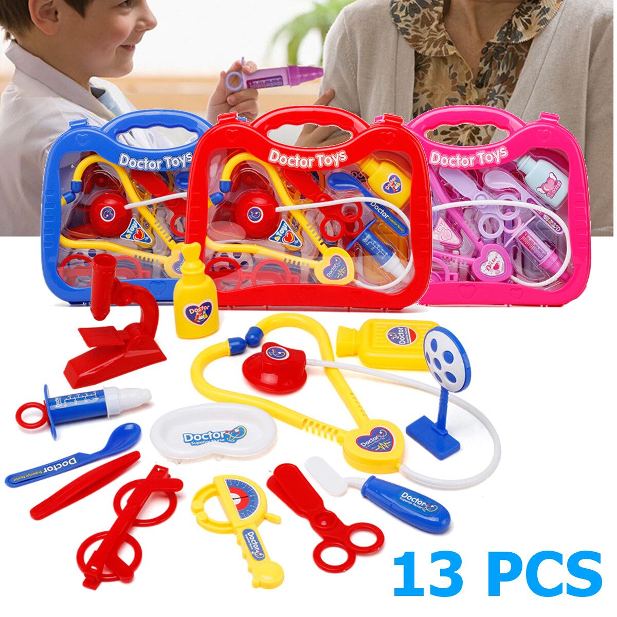 13pcs Kids Funny Play Toy Set Real Life Cosplay Doctor Game Toy Auscultation Box Doctor Play For Children Red