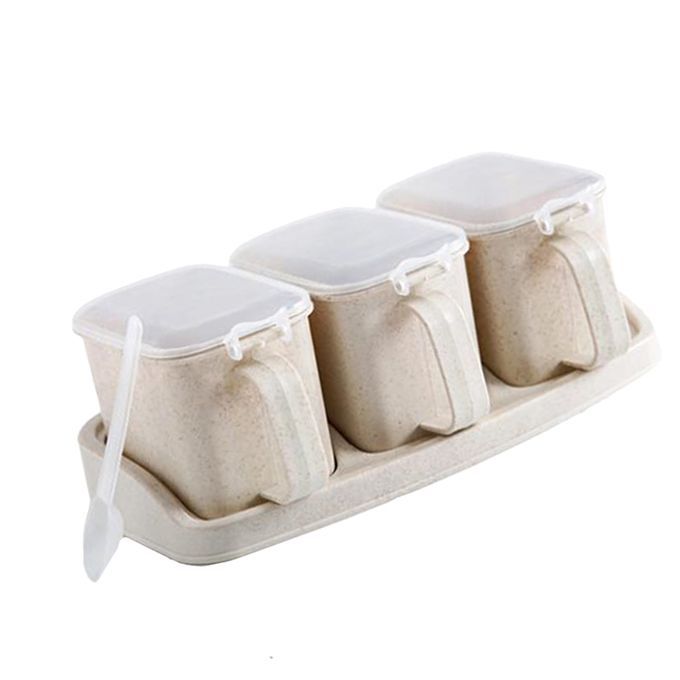 Plastic Kitchen Condiment Pot Seasoning Container Spice 3-Grid Beige