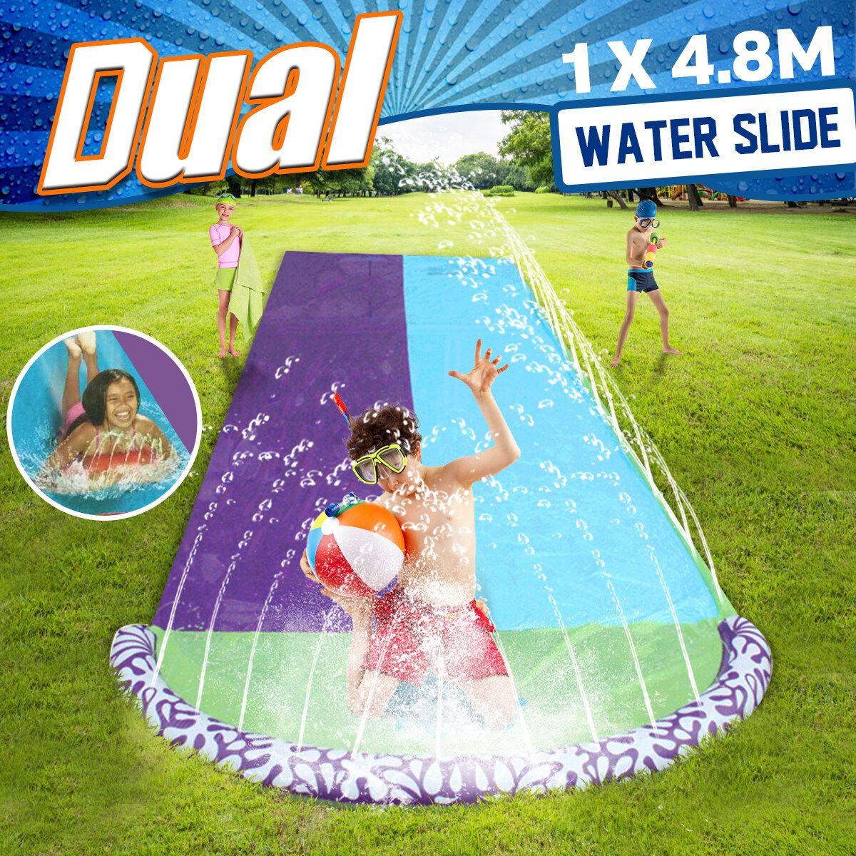 Summer Slip Water Slide Pool 4.8m Water Inflatable Outdoor Children Kids Fun Toy