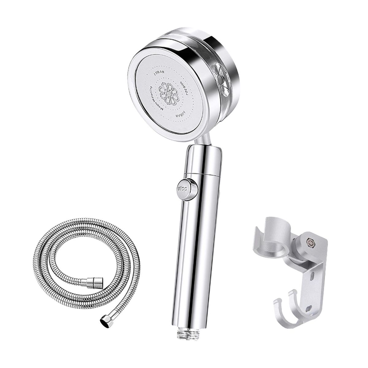 High Pressure Handheld Shower Head with 1.5m Hose Bracket Turbo Fan ON/Off Pause Switch Water Saving Showerhead G1/2 Rotating Bathroom Shower Head