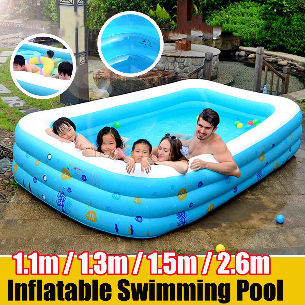 2.6M/1.5M/1.3M/1.1M For 1-5 Persons Kids Large Inflatable Swimming Pool Adult Family Lounge Water Play Fun Backyard Bathing Tub Blue 1.1M
