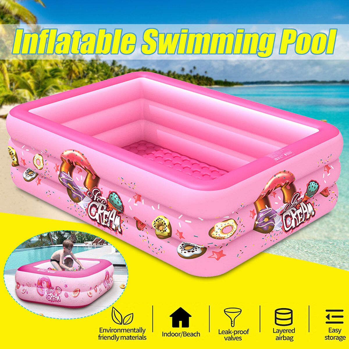 3 Layers Family Inflatable Swimming Pool, 210x135x55cm Full-Sized Inflatable Lounge Pool For Baby, Kiddie, Kids, Adult, Infant, Toddlers For Ages 3+,Outdoor, Garden, Backyard, Summer Water Party 130cm