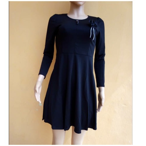 Women Long Sleeve Round Neck Dress- Black