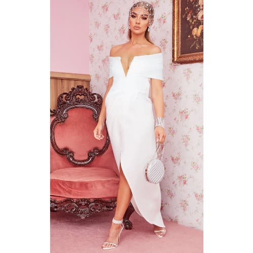 White Scuba V Bar Drape Bardot Maxi Dress
