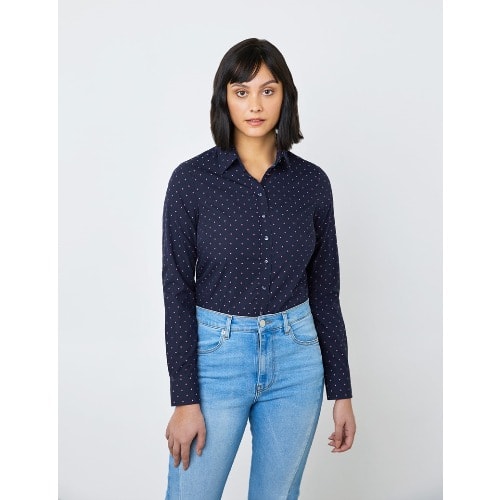 Women's Dobby Spots Semi Fitted Shirt - Single Cuff - Navy & Pink