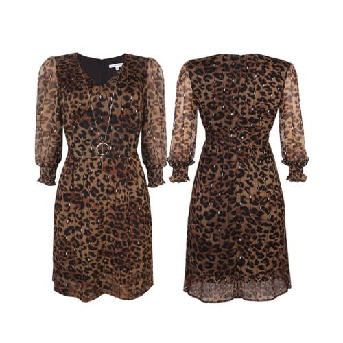 Brown Silver Glitter Animal Print Necklace Dress