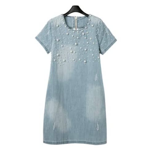 Pearl Denim Shift Dress For Ladies'- Blue