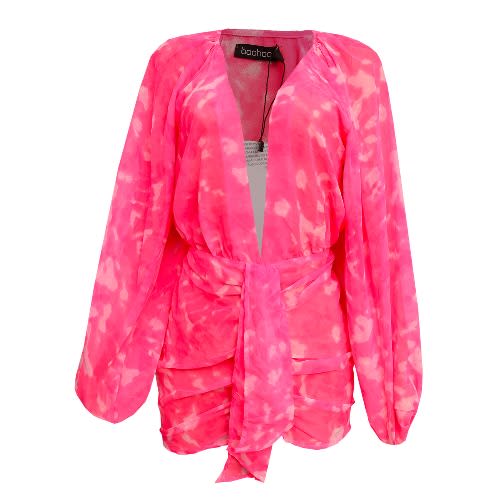 Balloon Sleeve Tie Dye Plunge Beach Wear - Pink