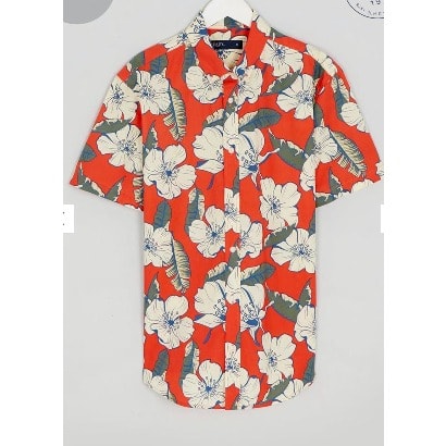 Men's Floral Printed Buttoned Down Collar Shirt - Coral/cream