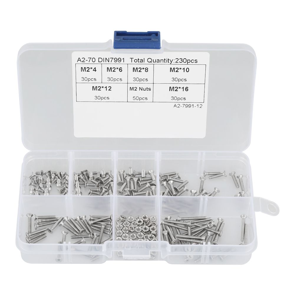230pcs M2 304 Stainless Steel Flat Head Bolt Screws Nuts