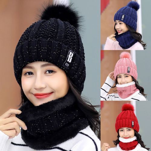 Beanie Scarf Knitted Warm Woolen Yarn Elasticity Sweet-Black