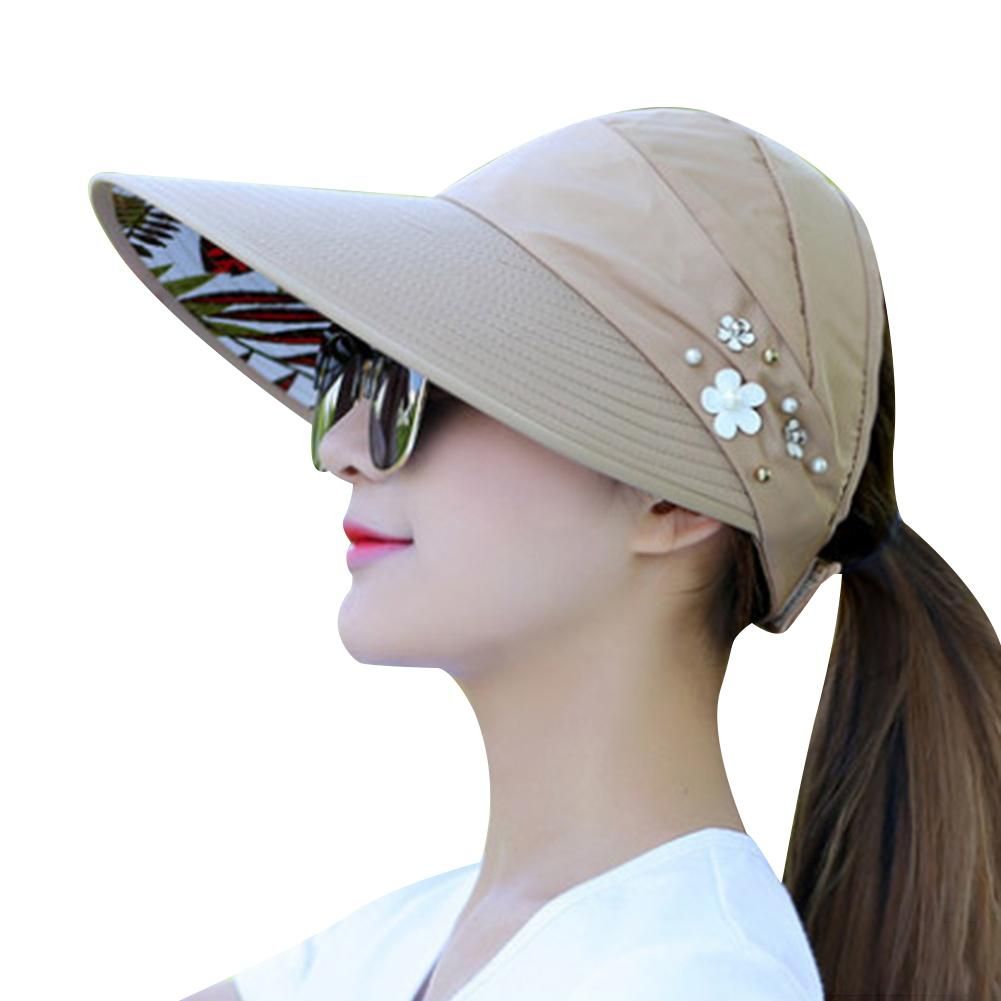 Summer Women Anti-UV Foldable Sun Visor Cap Wide Brim-Khaki
