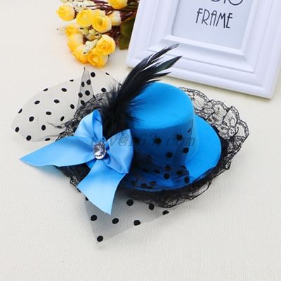 （Blue）Bow Hair Clip Lace Feather Mini Top Hat Fascinator Burlesque Party Fancy Dress RA RA