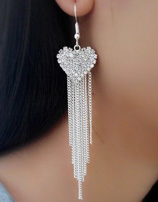 Luxury Love Tassel Earrings Long Rhinestone Earrings- Silver