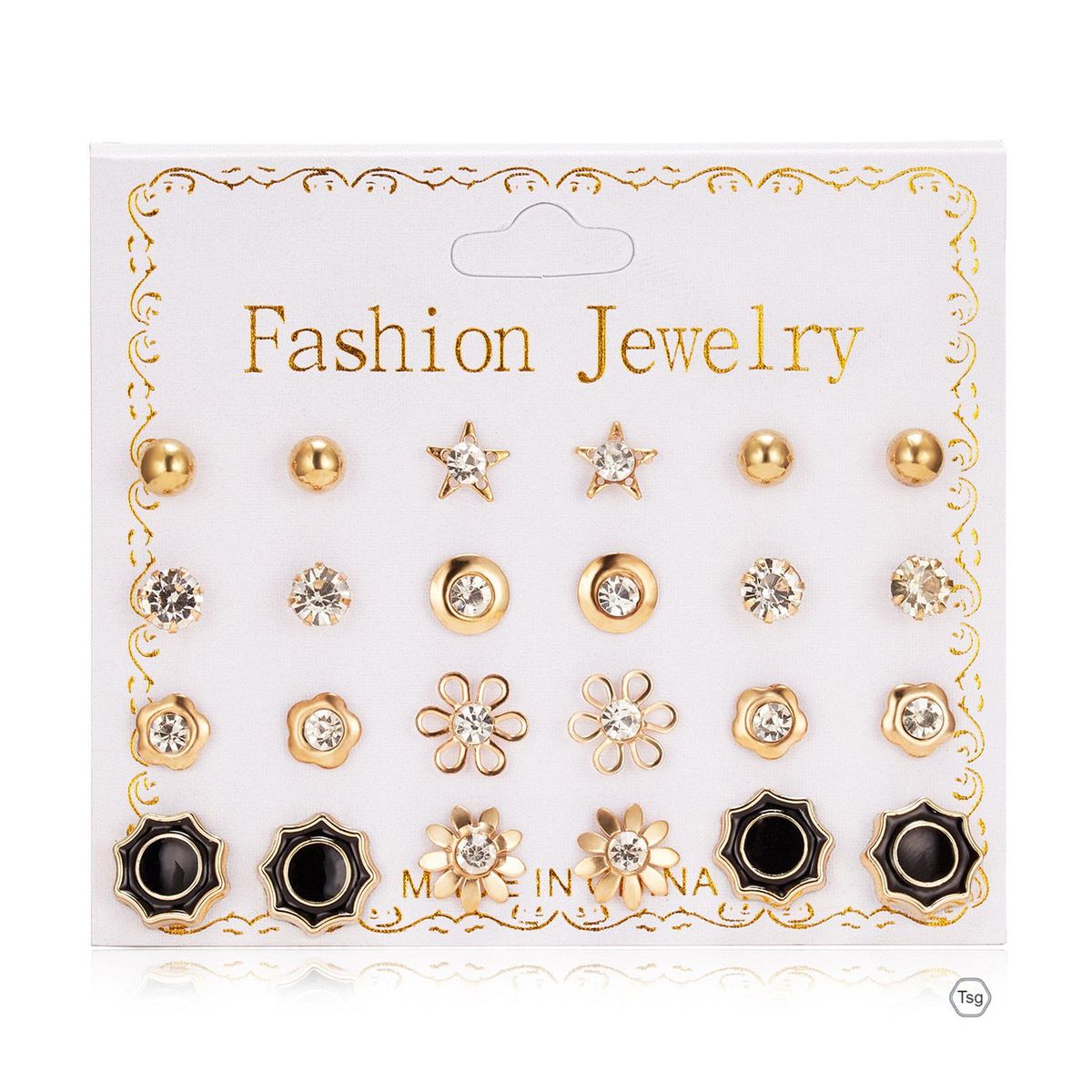 12 Pairs  Zircons Flower Pearl Ear Studs Set