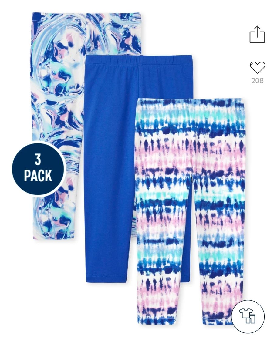Girls Tie And Dye Print Capri Leggings-- Blue Pink- 3 In 1 Pack
