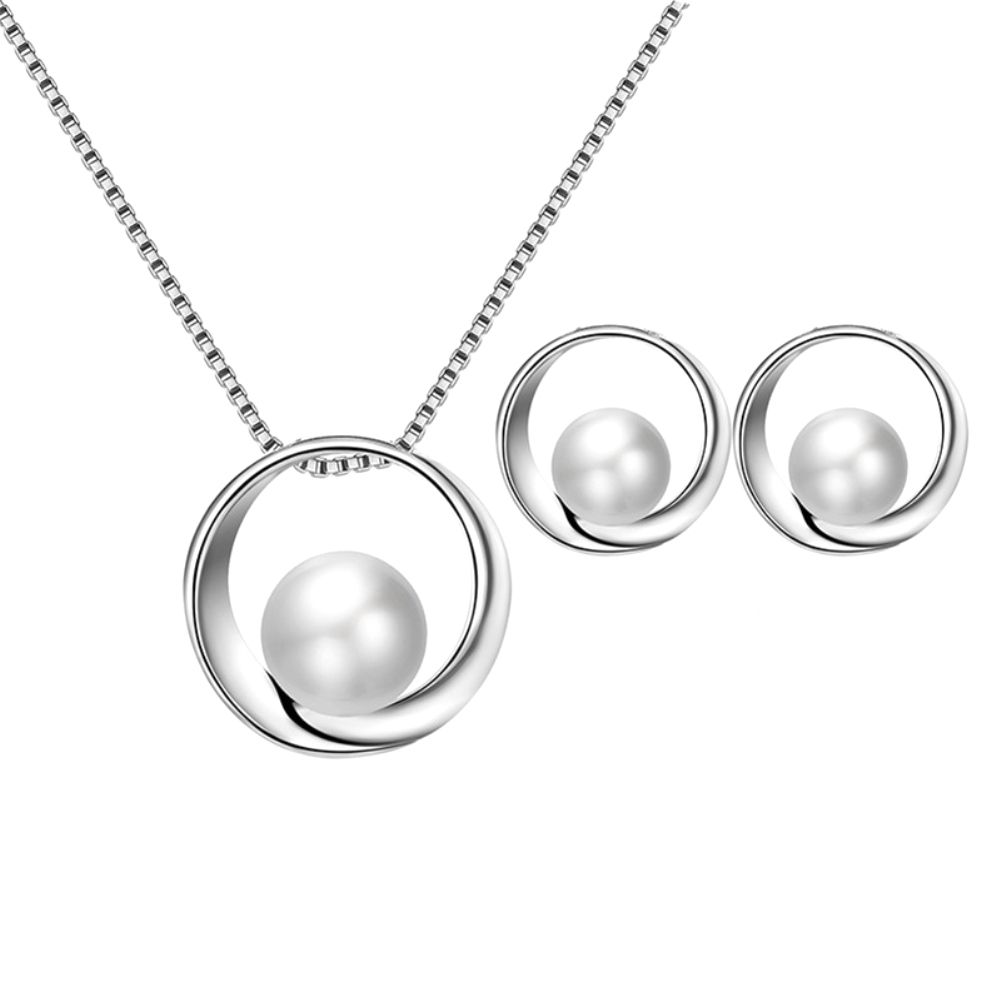 Women Faux Pearl Round Pendant Necklace Stud Earrings-Silver