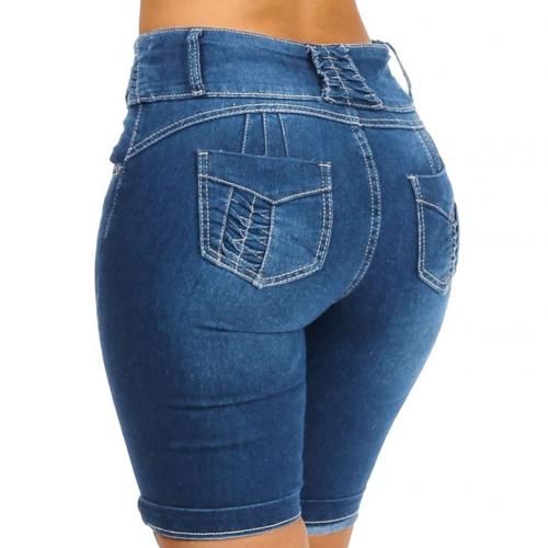 (Blue)New  Fashion Women Ladies Denim Skinny Shorts High Waist Stretch Bodycon Jeans Slim Shorts Knee Length Stretch Short Jeans DOU