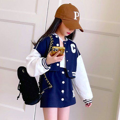Uvely Girls' Baseball Jumper Uniform Skirt Two-piece