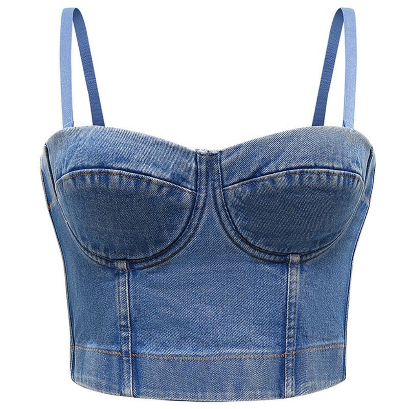 Women Detachable Ss Crop Top Retro Denim   Corset Club Camis